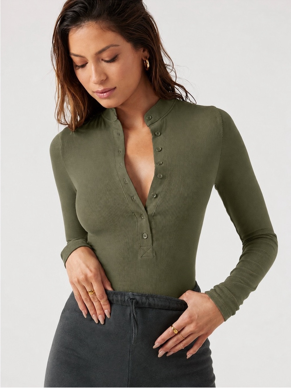 Joah Brown Long Sleeve Button Henley Top in Olive Green Sz Medium/Large - Picture 9 of 9